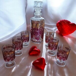 Barware French Decanter Luminarc Cordial Glasses Red and Gold Leaf 6 gla…